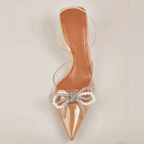 Nude/Clear Pointed Sling Back Kitten Heels with Pearl & Crystal Bow - Picture 2 of 7